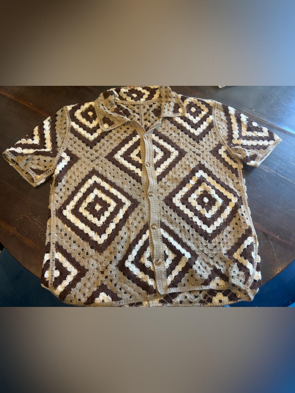Men’s Button-Front Crochet Geometric Knit Beach Summer - Brown & Cream